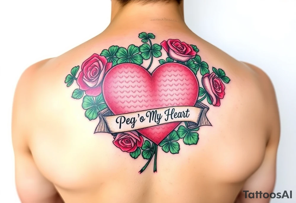 Bunch of Green shamrocks & a few red roses with a big Pink heart and a banner across the heart that says " Peg 'o My Heart" tattoo idea