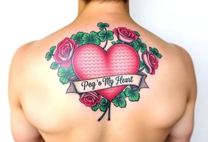 Bunch of Green shamrocks & a few red roses with a big Pink heart and a banner across the heart that says " Peg 'o My Heart" tattoo idea