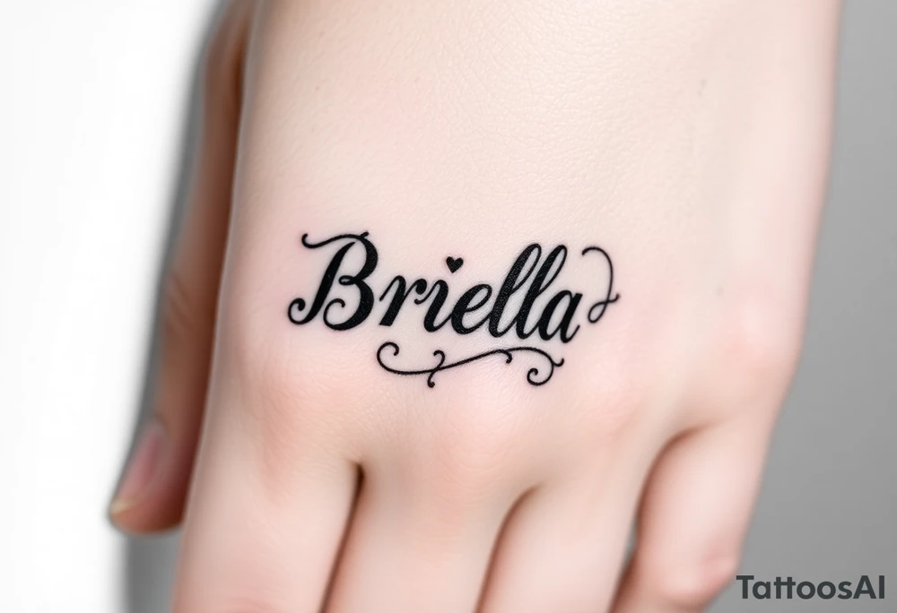 "Briella" in old English style on hand along thumb tattoo idea