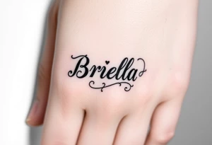 "Briella" in old English style on hand along thumb tattoo idea