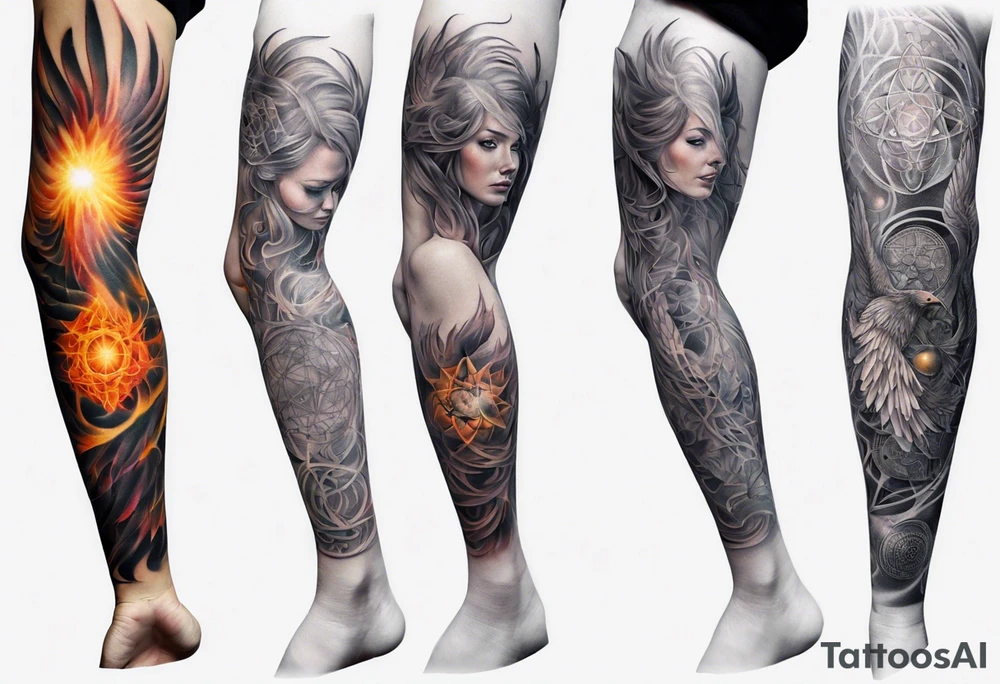Sleeve tattoo on a woman's arm. Phoenix   with Metatron's cube tattoo idea