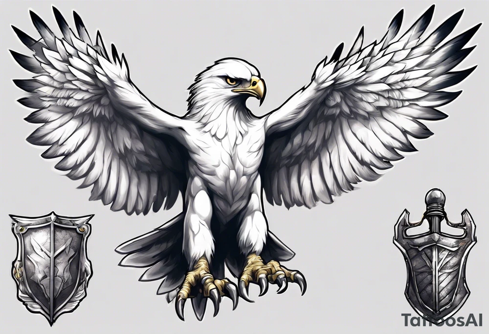 A white hawk going to battle with a sword and shield tattoo idea