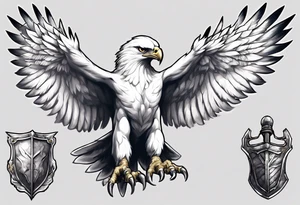 A white hawk going to battle with a sword and shield tattoo idea