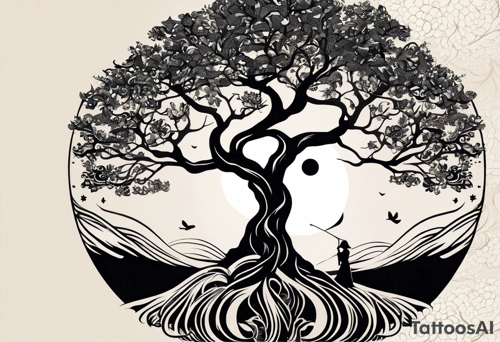 A tattoo of an abstract Tree of Life tattoo to be placed directly on the bicep of a woman. It can wrap around the arm a little. It should have roots growing out of the bottom. The roots slowly turn into water from the Great Wave by Hokusai. A golf flag should be placed discreetly growing out of the ground. 2 license plate tags should be hanging from the tree. Place a few music notes in the areas the leaves should be. The letters A U should be engraving into the tree trunk in a heart. tattoo idea
