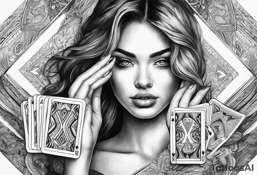 woman one hand holding cards in front of her face, showing the cards to others tattoo idea