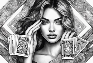 woman one hand holding cards in front of her face, showing the cards to others tattoo idea