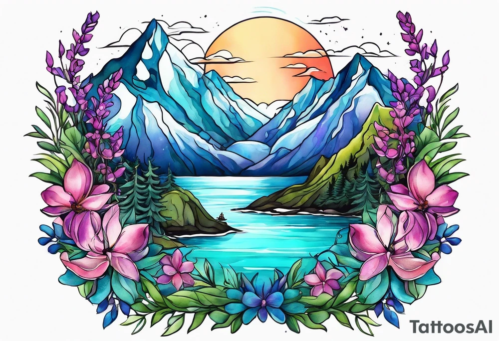 ocean mountains surrounded by lupin and fireweed with vines tattoo idea