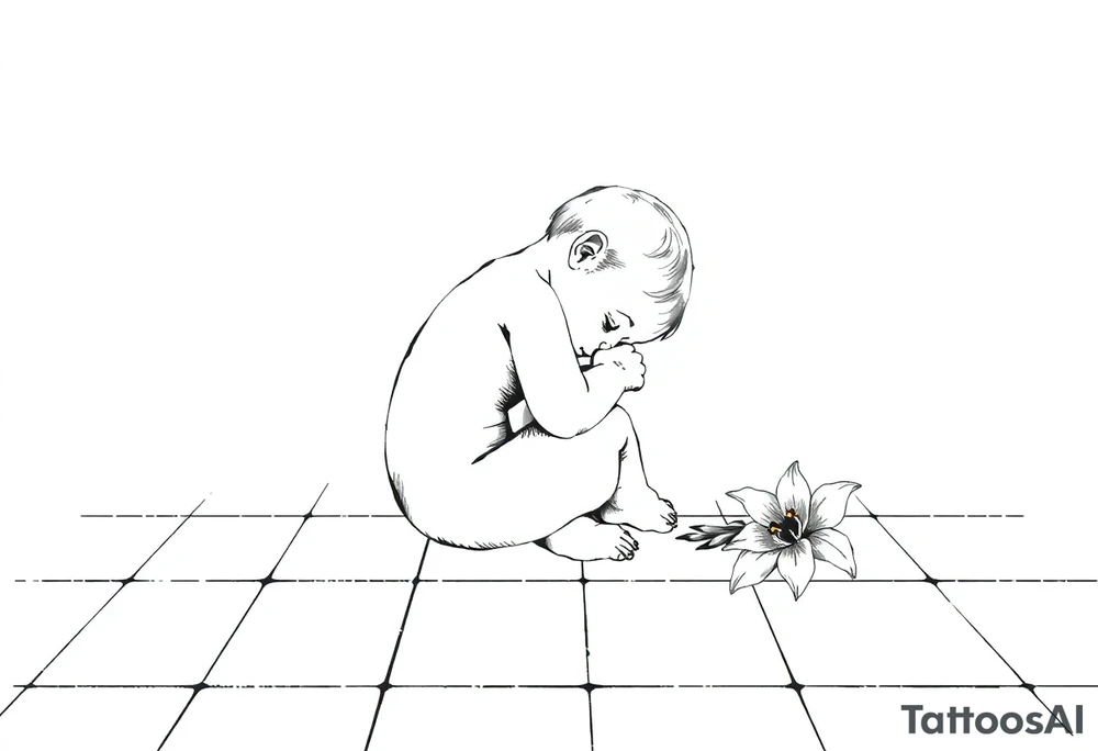 A simple tile floor with a minimalist outline of a curled up child sitting on the floor with a lily next to her tattoo idea