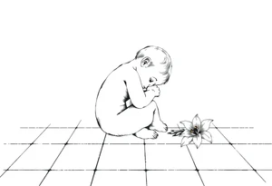 A simple tile floor with a minimalist outline of a curled up child sitting on the floor with a lily next to her tattoo idea