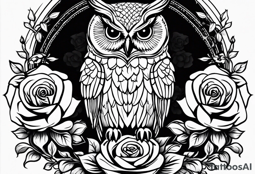 An owl, a rose, a paw print tattoo idea