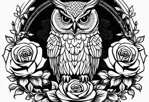 An owl, a rose, a paw print tattoo idea