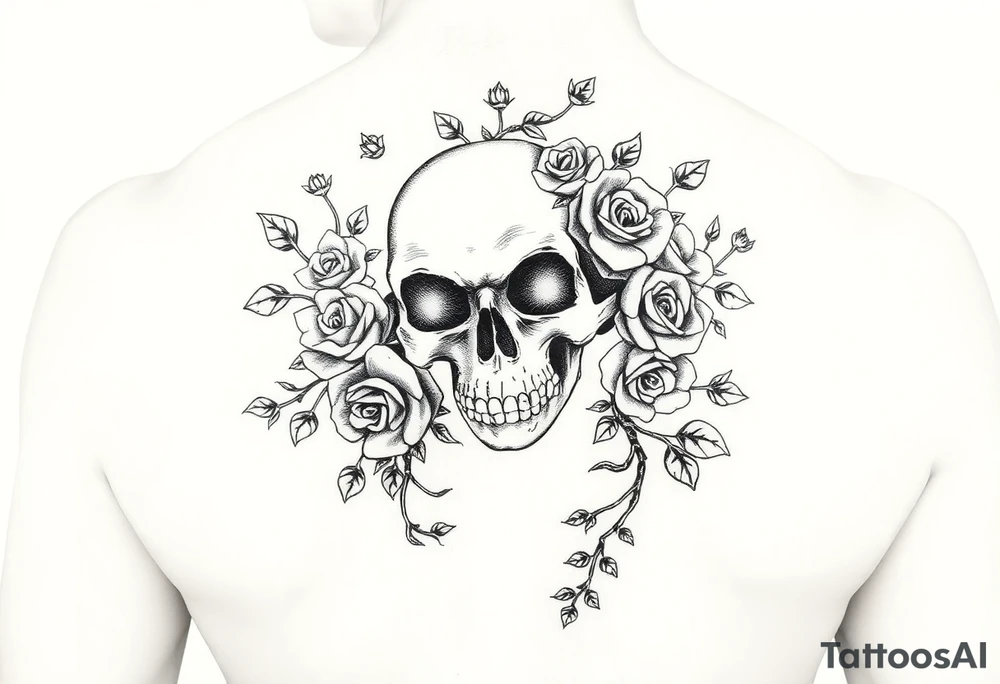 gothic skull intertwined with climbing roses and thorny vines tattoo idea