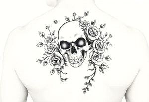 gothic skull intertwined with climbing roses and thorny vines tattoo idea