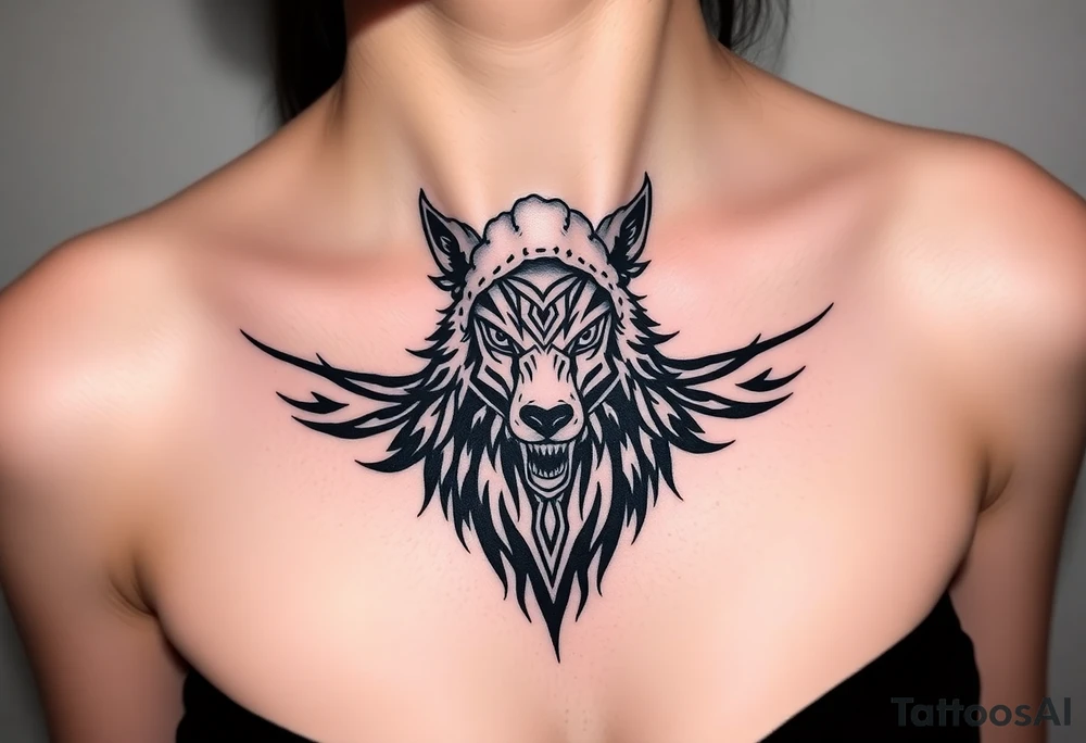 Big bad wolf nursery rhyme wearing a sheep costume with sheep head hood to kill and eat the three little pigs and little red riding hood tattoo idea