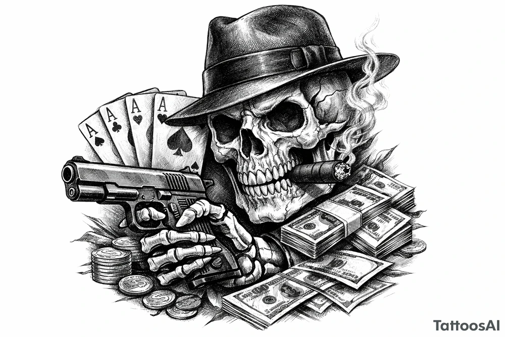 skull with gangster-hat,cigar in his mouth,gun in a skeleton-hand,playing cards,a lot of money. tattoo idea