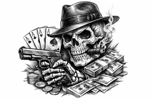 skull with gangster-hat,cigar in his mouth,gun in a skeleton-hand,playing cards,a lot of money. tattoo idea