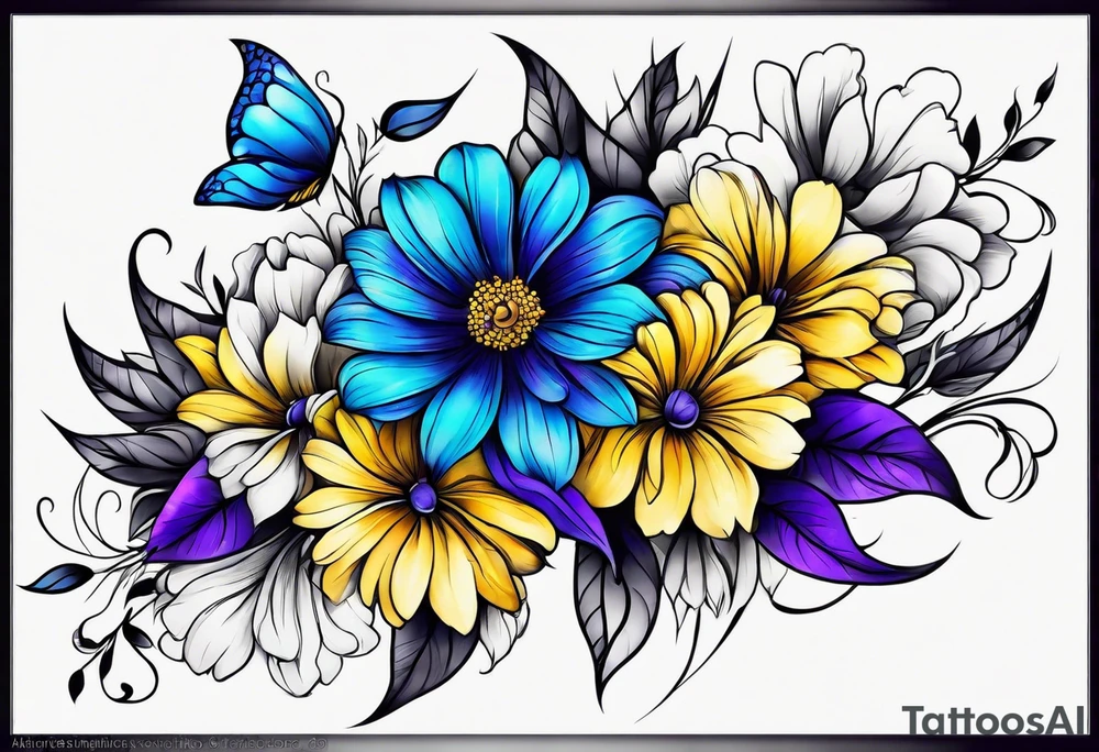 Blue yellow and purple flowers arm sleeve tattoo idea