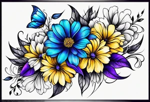 Blue yellow and purple flowers arm sleeve tattoo idea