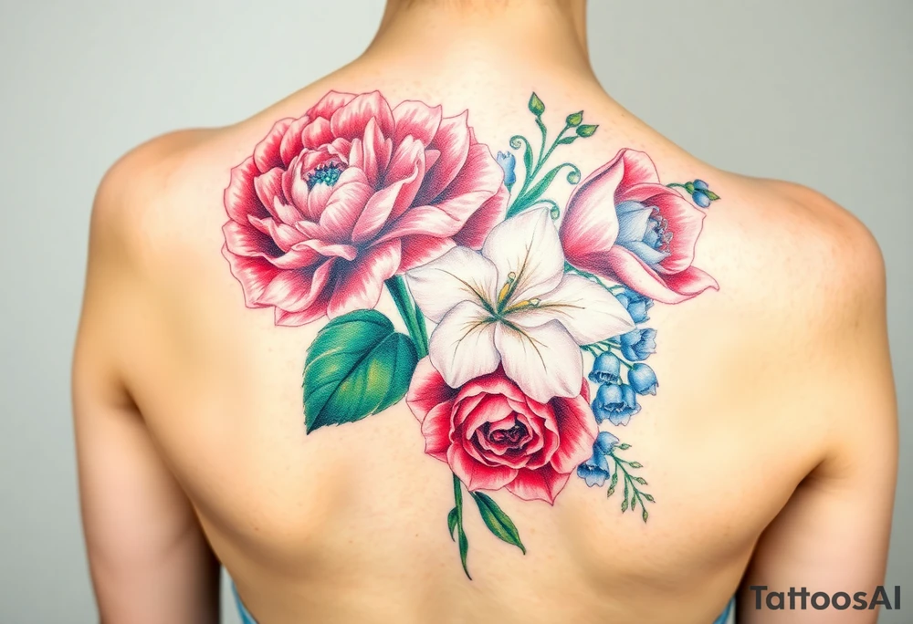 Bouquet of flowers with a carnation, rose, Lily of the valley, delphinium Running down Spain tattoo idea