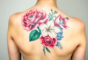 Bouquet of flowers with a carnation, rose, Lily of the valley, delphinium Running down Spain tattoo idea