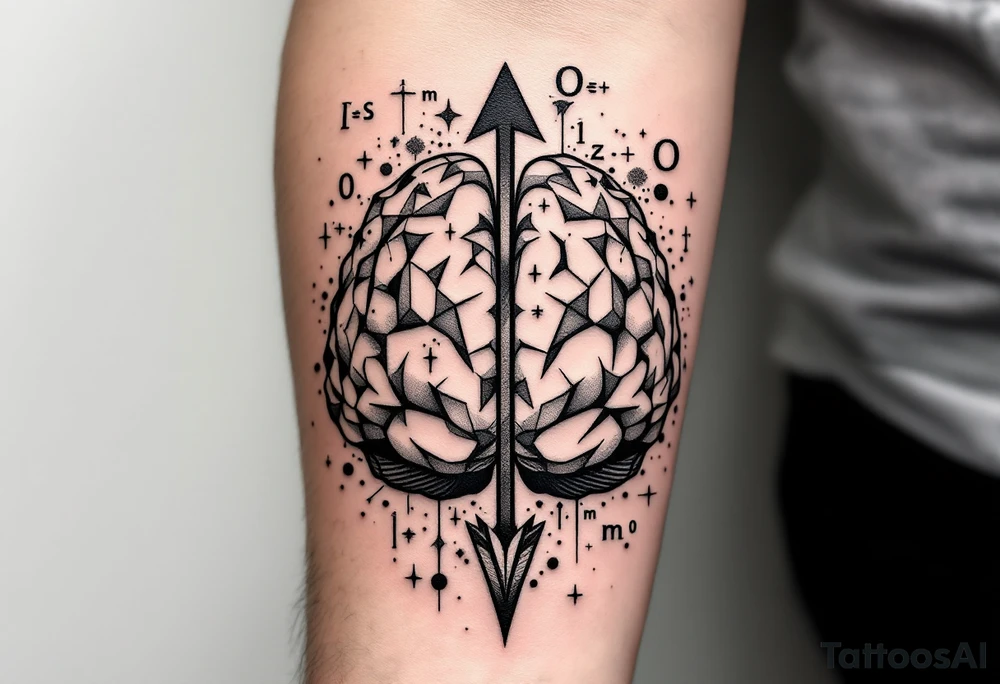 A vertical front-seen brain in geometric and straight lines, math symbols arround. A detailed arrow crosses from below and exit from the top, with its tip desintegrating to represent entropy and watercolor stains spilled from the arrow. Around of the main tattoo, math and physics formulas, including the formulas "ΔS ≥ 0" and "(iδ + m) Φ = 0" tattoo idea