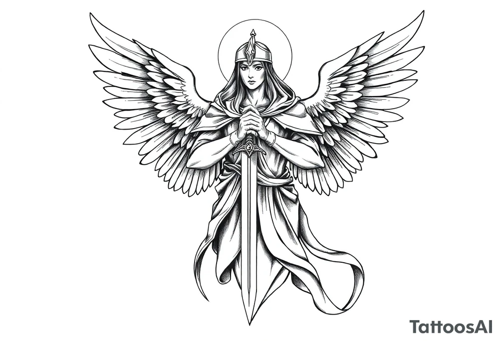 Holy Archangel, Biblical, Christianity, Hebrew, Guards of Christianity, Holding a sword, has six wings, wearing helmet, halo, seraphim, seek justice, walk only with God tattoo idea