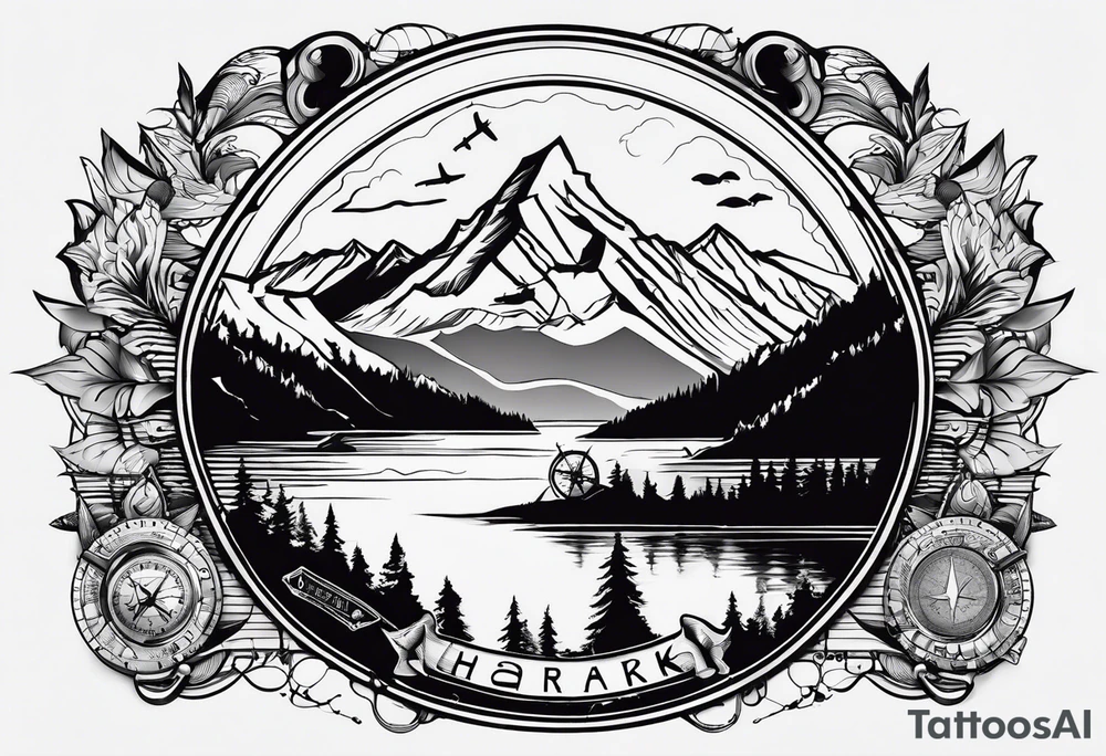 The word "HARK" as a banner with a mountain, a carabiner, compass, lake and an airplane in a circular design tattoo idea