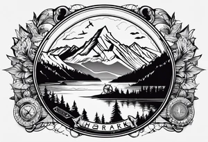 The word "HARK" as a banner with a mountain, a carabiner, compass, lake and an airplane in a circular design tattoo idea