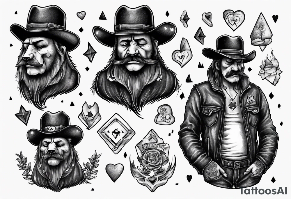 heartbroken man with lemmy hat, bear and no moustache tattoo idea