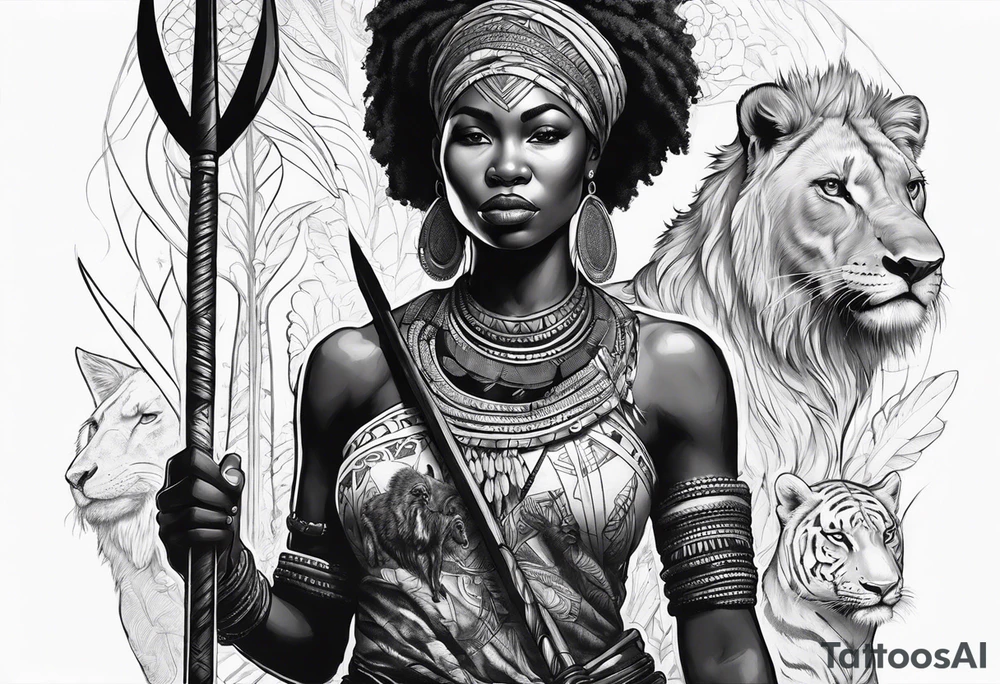 African woman warrior with tribe scars and spear in hand with animals in background tattoo idea