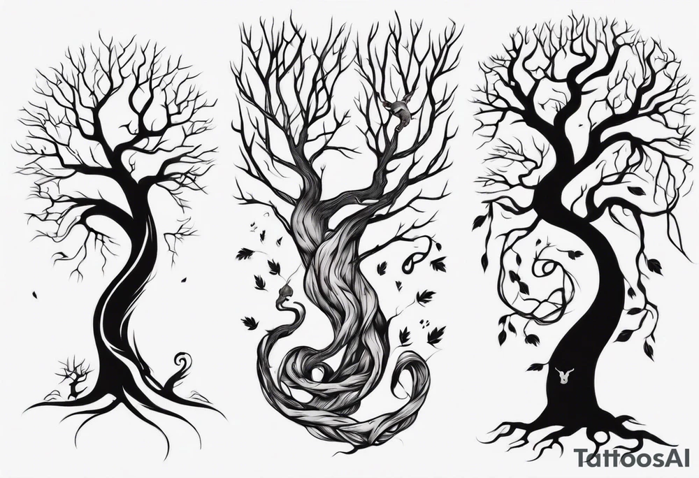 a bare tree with a small squirrel running up the side, a serpent weaving through the tree roots tattoo idea