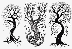 a bare tree with a small squirrel running up the side, a serpent weaving through the tree roots tattoo idea
