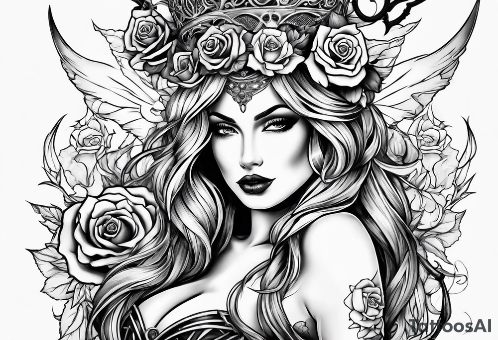 Beautiful devil lady , guns and roses intertwined, goddess tattoo idea