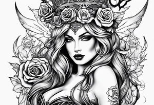 Beautiful devil lady , guns and roses intertwined, goddess tattoo idea