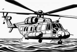 canadian military grey helicopter cyclone CH-148, a helicopter flying over rough water, Clear sky, sunset
, military art, ocean specular, highly detailed background, poppy flower tattoo idea