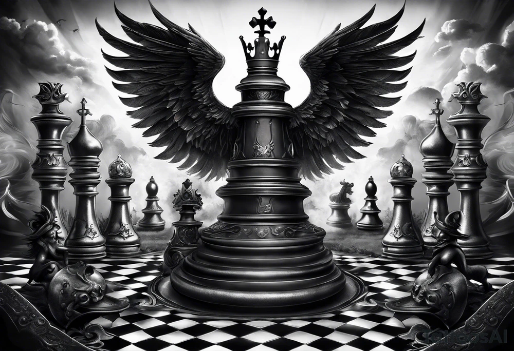 Illustrate an intricately balanced scale where one side represents the angelic forces, and the other represents the demonic forces. The chess pieces can sit on each side, symbolizing the equilibrium between good and evil. tattoo idea