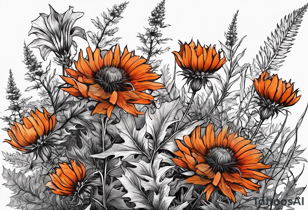 wildflower horizontal with thistles, ferns, burnt orange flowers in color tattoo idea
