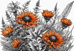 wildflower horizontal with thistles, ferns, burnt orange flowers in color tattoo idea