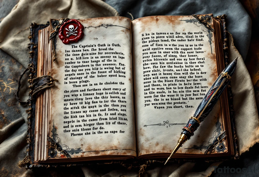 The Captain’s Oath – A leather-bound, salt-stained book, opened to a page covered in inked pirate code, sealed with a blood-red wax stamp bearing a Jolly Roger. A weathered quill pen rests beside it, representing a pirate’s final words. tattoo idea