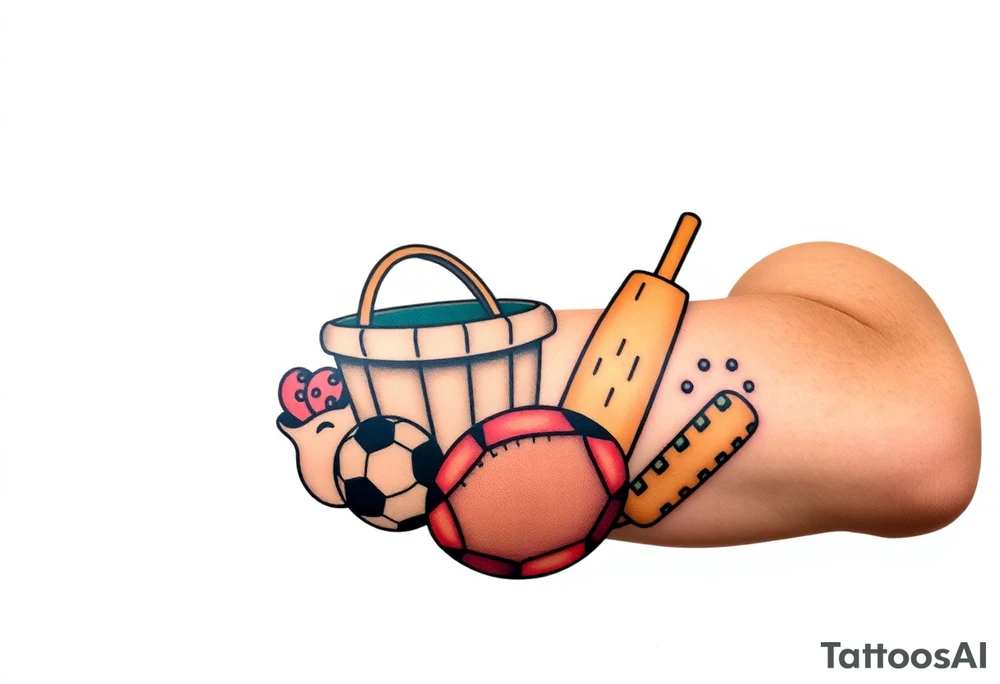 Childhood memories of a book, a bucket and spade, a football, a cricket bat, a teabag, a biscuit, a comic tattoo idea