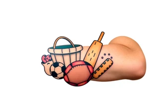 Childhood memories of a book, a bucket and spade, a football, a cricket bat, a teabag, a biscuit, a comic tattoo idea