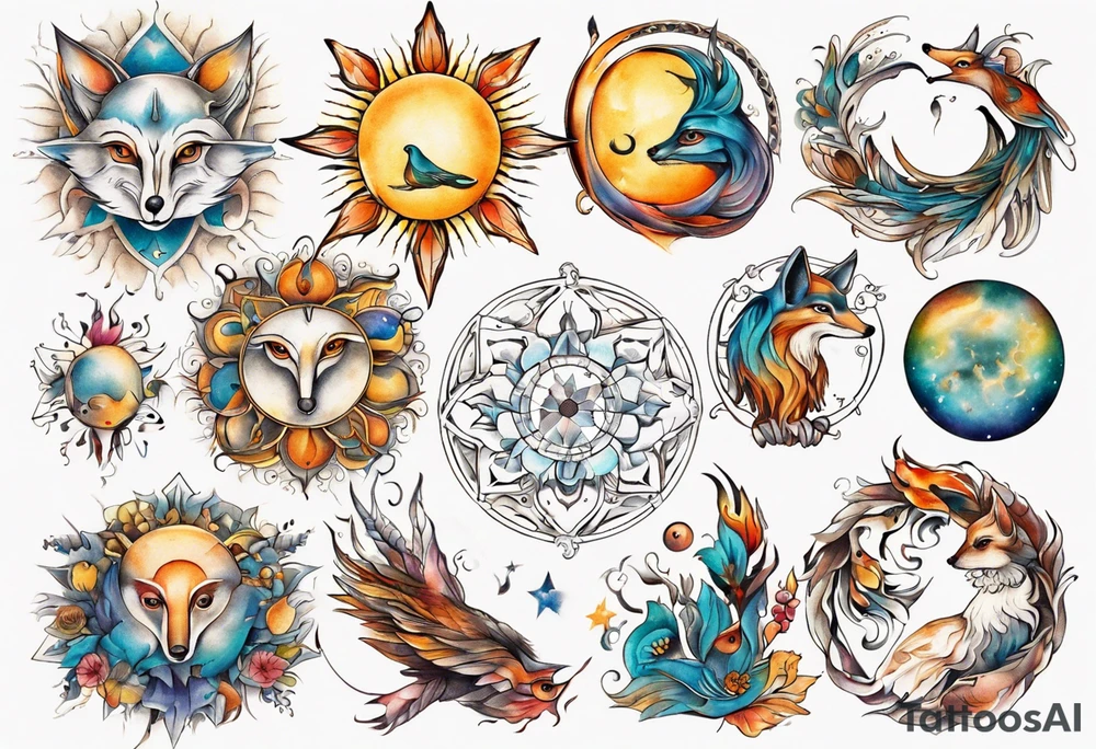 fisch, fuchs und eule , symetrie  sonne, universum, bunt, " sapere aude" tattoo idea