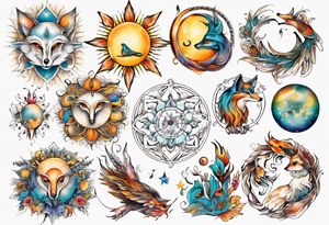 fisch, fuchs und eule , symetrie  sonne, universum, bunt, " sapere aude" tattoo idea