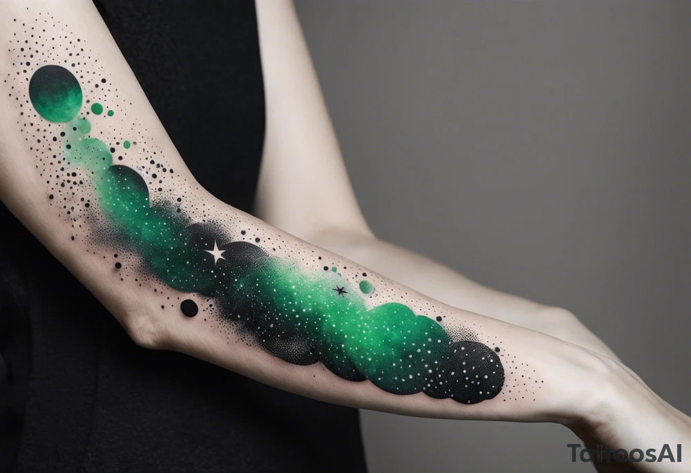 space, abstract, green and black, covered from wrist to forearm, fully covered, no borders, blackwork, no people tattoo idea