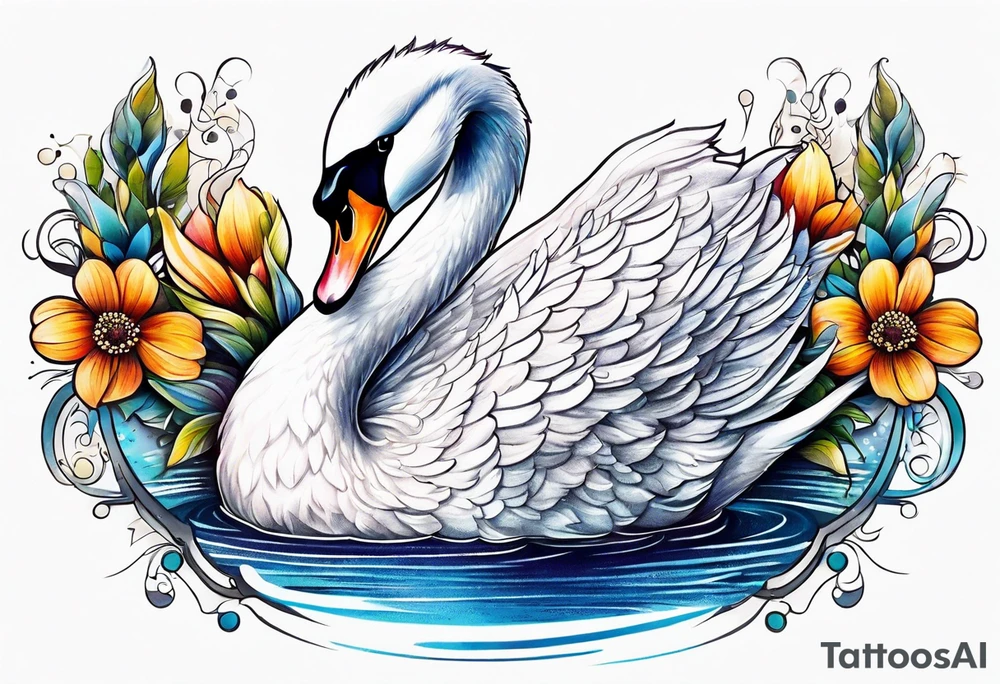 Colorful swan tattoo with flowers tattoo idea