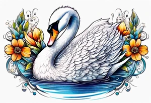 Colorful swan tattoo with flowers tattoo idea