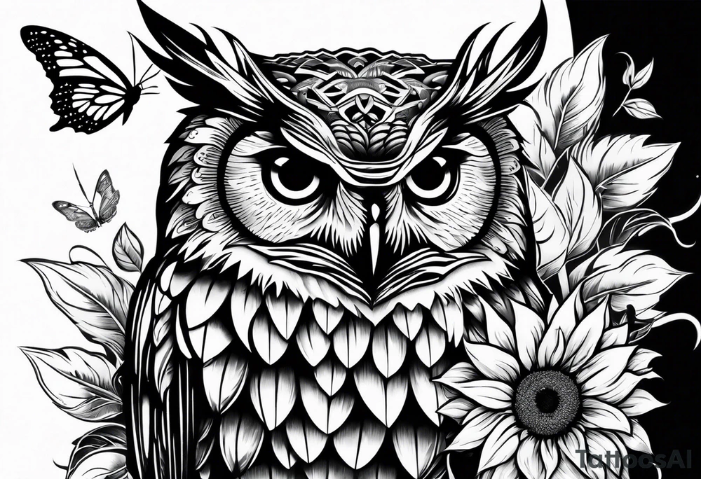 Owl with butterfly and sunflower tattoo idea