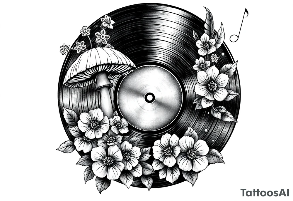 vinyl record with mushrooms, flowers, hearts, and music notes tattoo idea