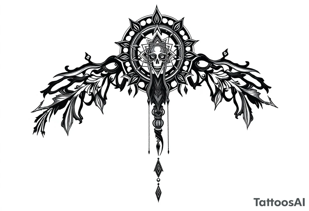 mystical dark and long ornament with shaman and witch mytolog and ancient rhyme tattoo idea