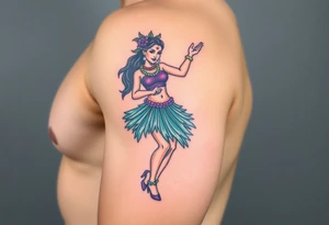 Full body hula girl dancing with a teal grass skirt and a purple top tattoo idea